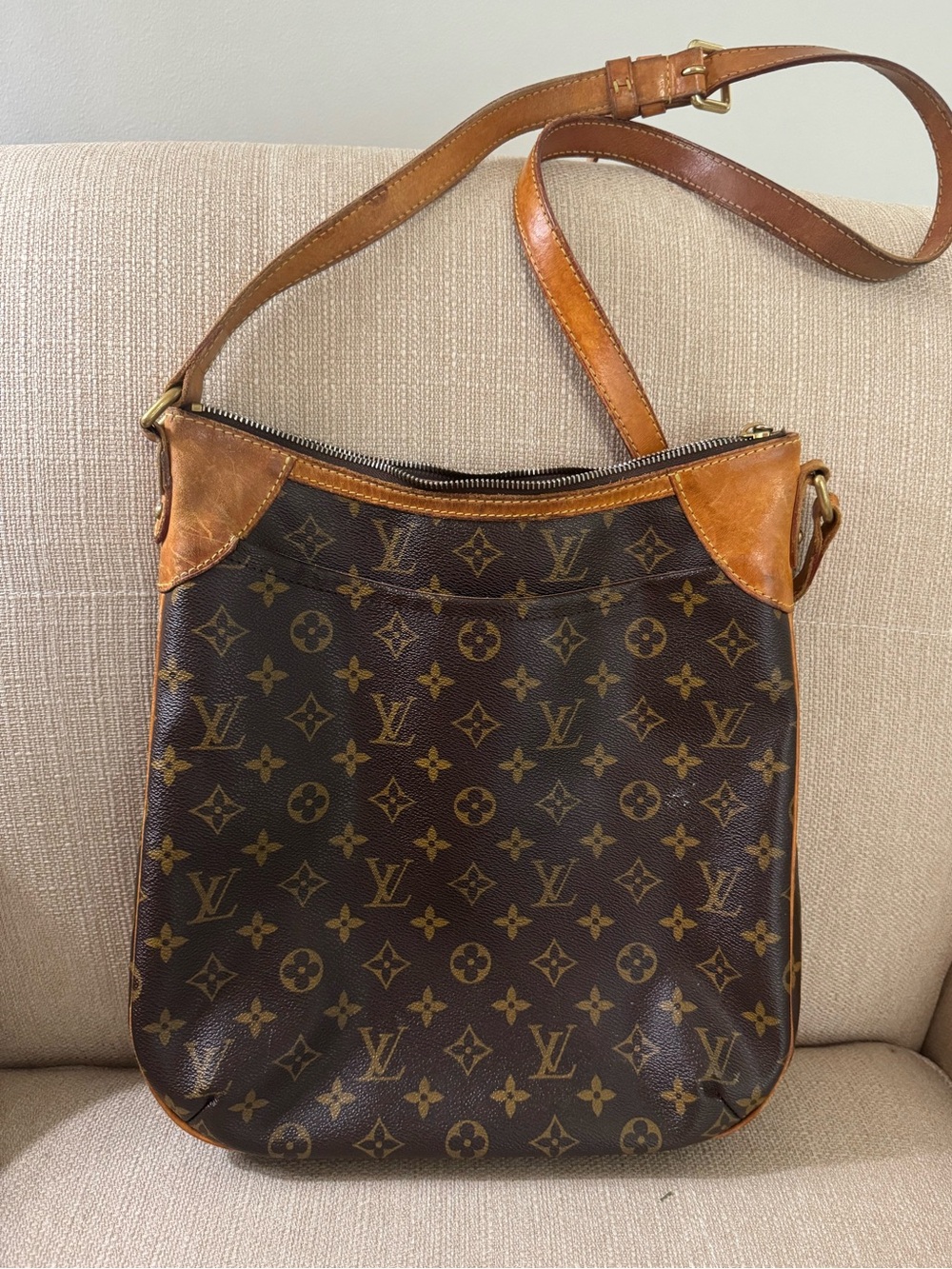 Authentic Louis Vuitton Monogram Odeon Crossbody Bag - Brown with Tan Leather